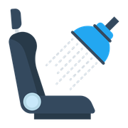 Shower chair with black seat and blue showerhead spraying water
