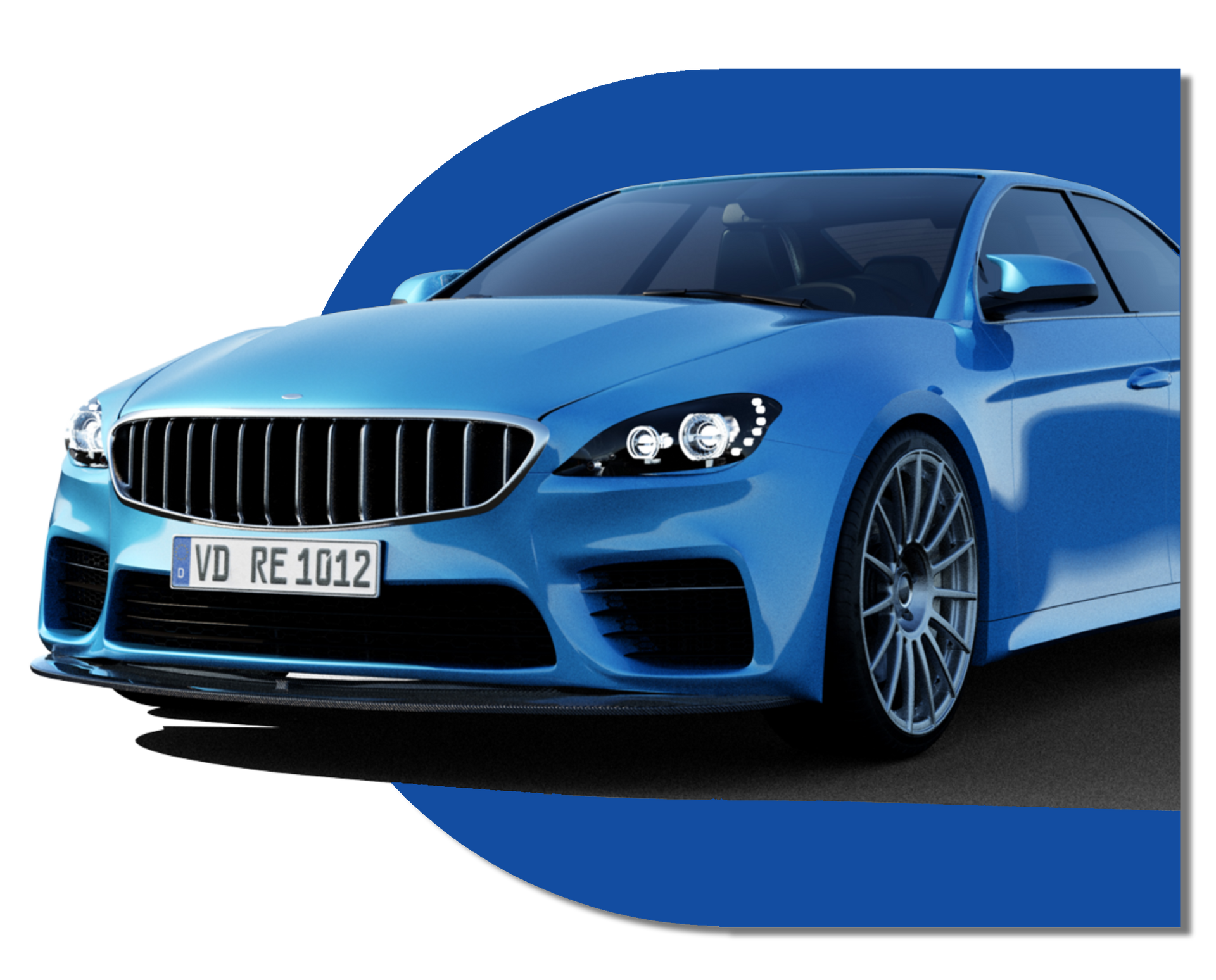 Blue sports car on a white and blue background, front view with visible license plate.