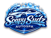 Soapy Sudz Auto Spa logo in blue and gray on a white background
