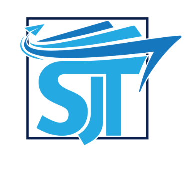 A blue logo for a company called sjt