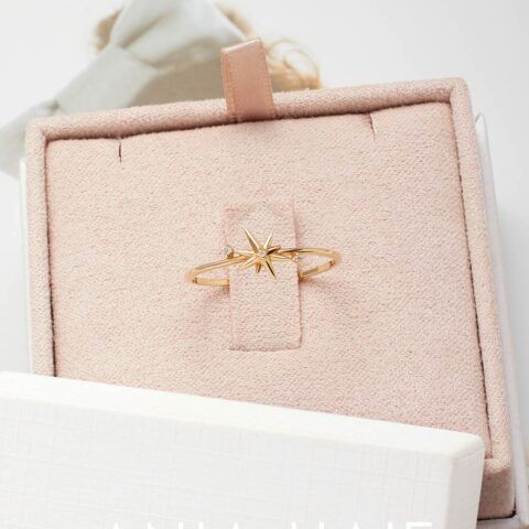 Soft pink gift box with a gold star bow, partly behind a white package