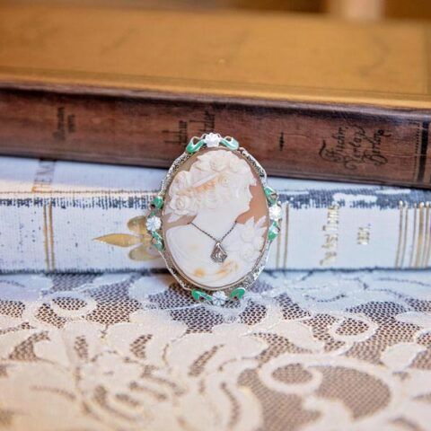 Vintage Cameo wearing a diamond necklace, resting on a lace tablecloth in front of books.