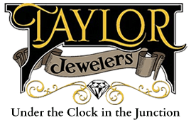 Taylor Jewelers logo with gold lettering, diamond and ring, and tagline "Under the Clock in the Junction"