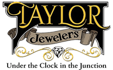 Taylor Jewelers logo with gold lettering, diamond and ring, and tagline "Under the Clock in the Junction"