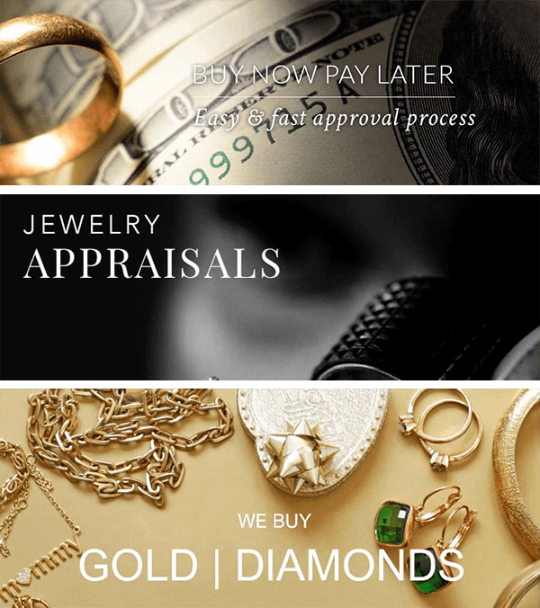 Jewelry appraisal ad with gold rings, chains, and text about same-day service and buying gold and diamonds