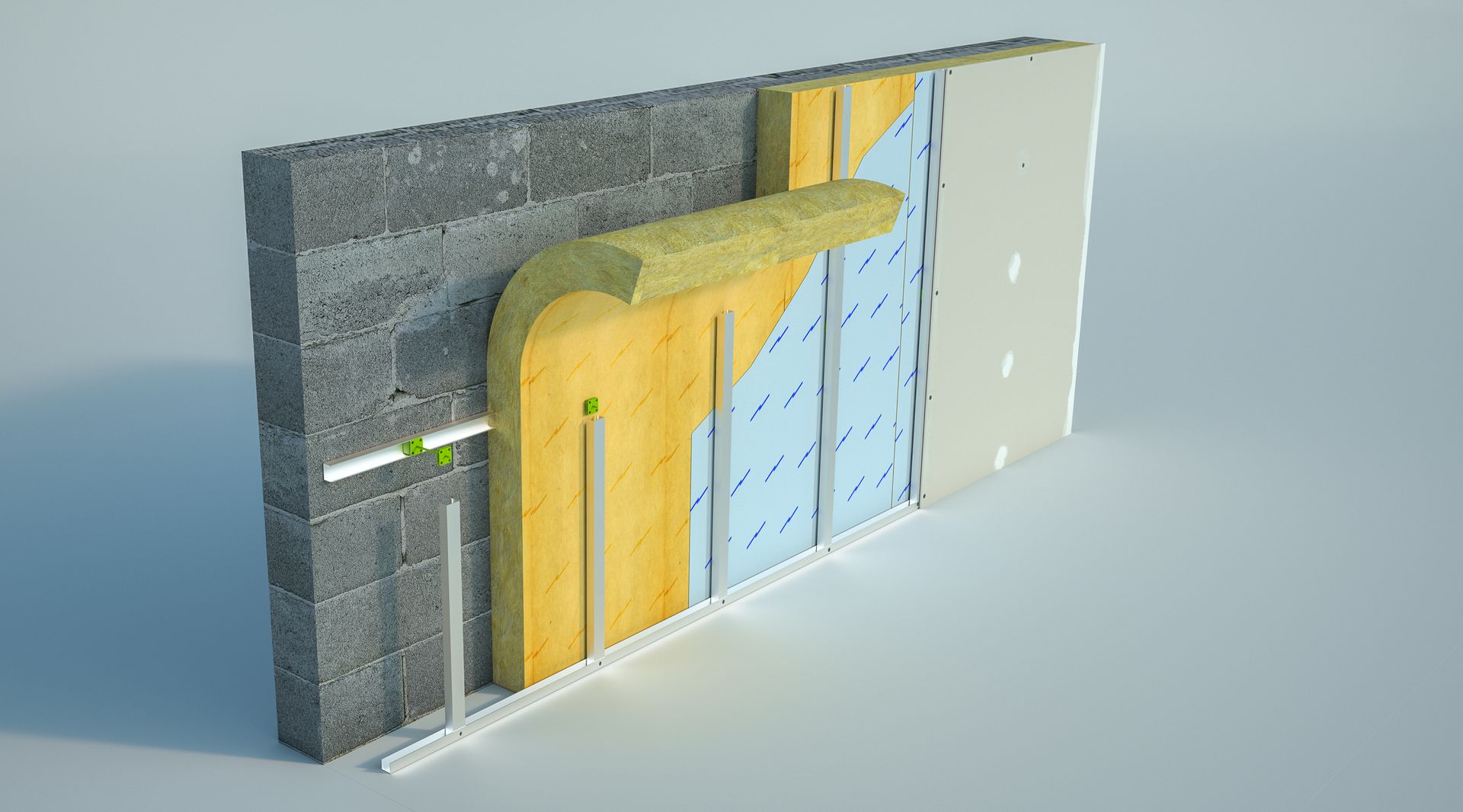 Un modelo 3D de una pared con mucho aislamiento.