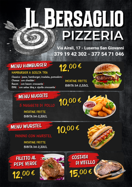 Menù della pizzeria Il Bersaglio con prezzi di hamburger, nuggets, salsicce e ribeye su sfondo nero.
