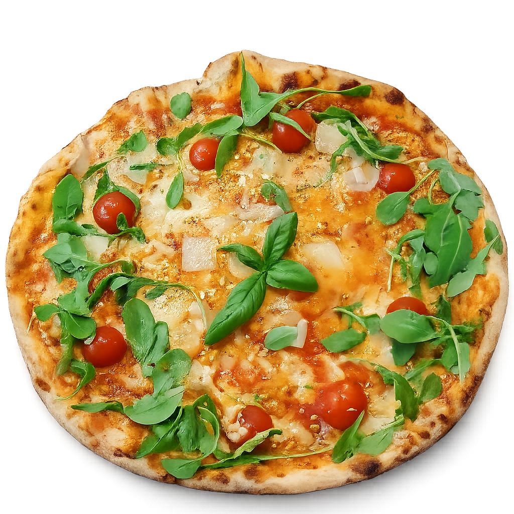 Pizza rotonda al formaggio con pomodorini e foglie di basilico fresco.