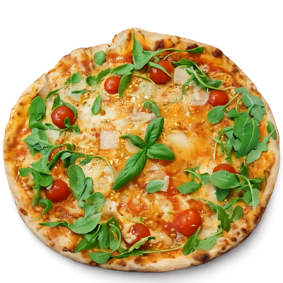 Pizza Margherita condita con foglie di basilico e pomodorini su sfondo bianco.
