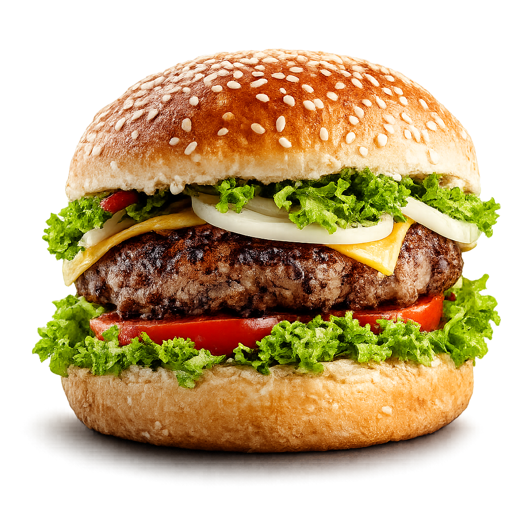 Hamburger con semi di sesamo, lattuga, pomodoro, formaggio e un tortino di manzo grigliato su sfondo bianco.