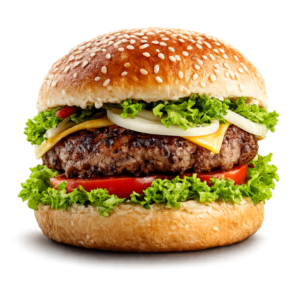 Cheeseburger con semi di sesamo, lattuga, pomodoro, cipolla e formaggio fuso in un panino.