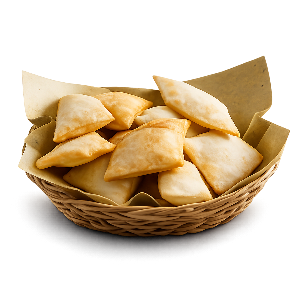 Cestino di pasticcini fritti assortiti di colore dorato su sfondo bianco.