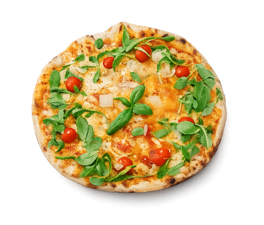 Pizza rotonda condita con basilico, pomodorini e formaggio fuso su sfondo bianco.