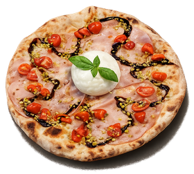 Pizza condita con pomodorini, prosciutto crudo, basilico e un ripieno di burrata.