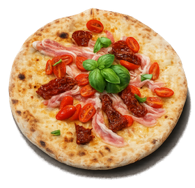 Pizza rotonda condita con basilico, pomodorini, prosciutto crudo e pomodori secchi.