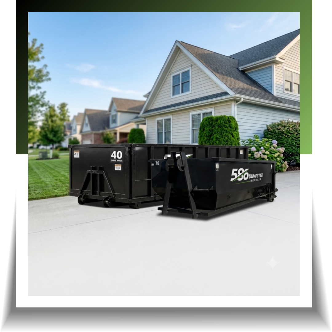 Dumpsters parked at residential houses.