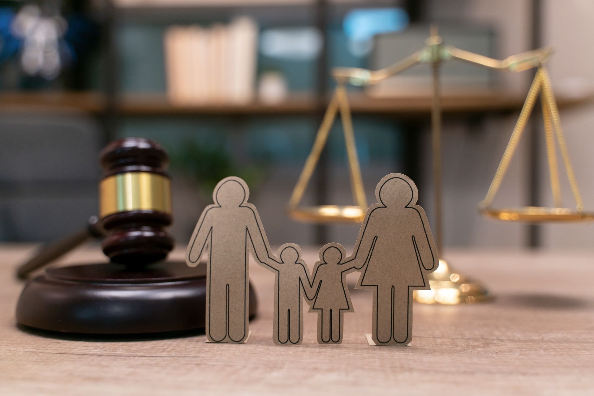 Paper cutout family, gavel, and scales symbolizing justice at Hart Law Offices, PC, experts in family law in Rexburg, ID.