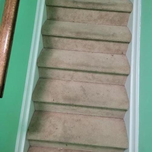 A set of stairs with a wooden railing and a green wall.