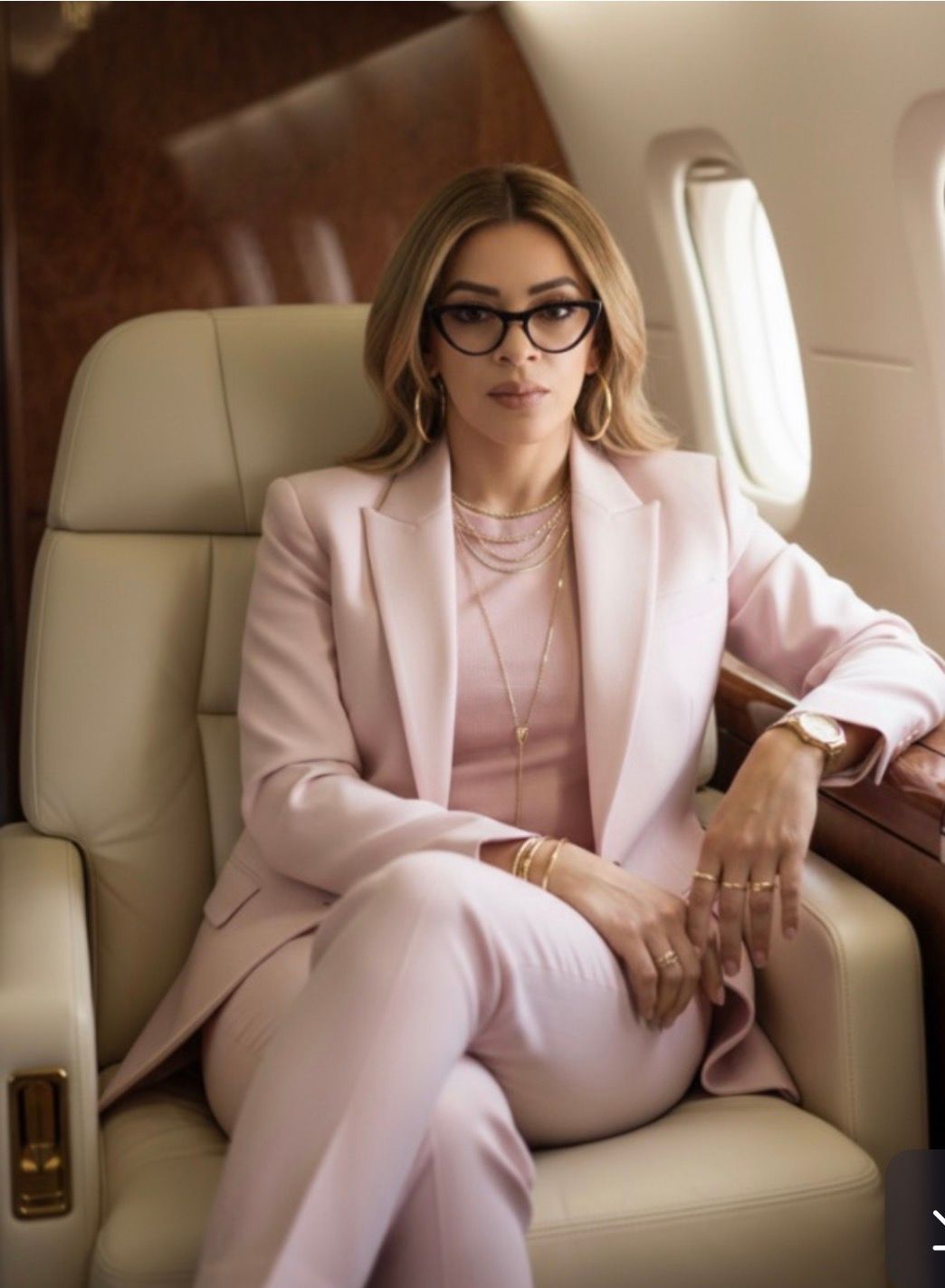 Woman in a pink suit seated in a private jet, wearing glasses and looking at the camera.