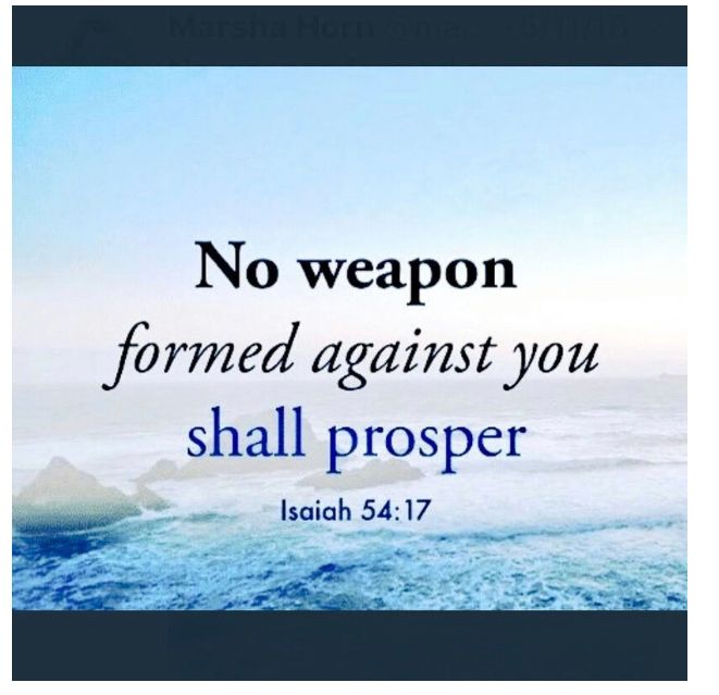 Bible verse on a blue ocean background: “No weapon formed against you shall prosper” — Isaiah 54:17