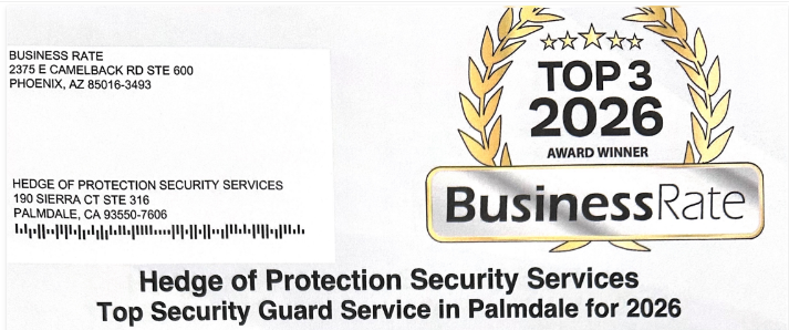 Hedge of Protection Security Services award badge for Top Security Guard Service in Palmdale for 2026