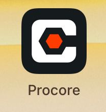 Procore app icon with black rounded square, white C, and orange hexagon center