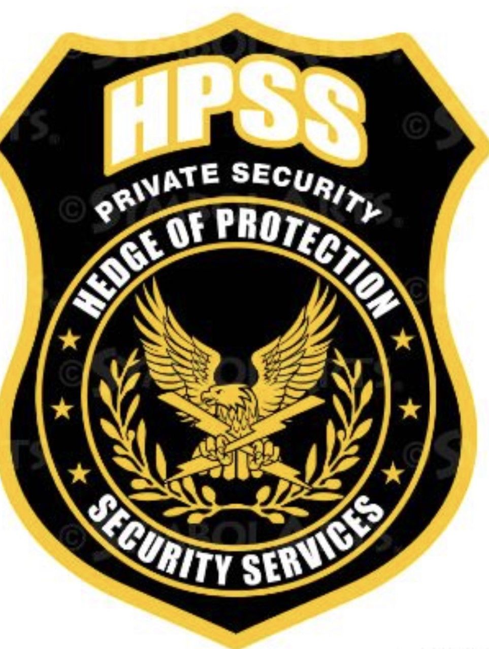 Black-and-gold HPSS private security shield logo with eagle and laurel wreath, reading “Edge of Protection.”
