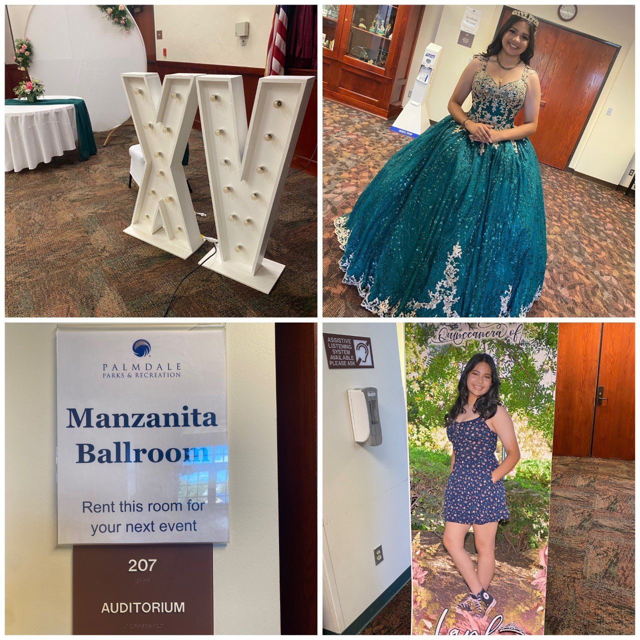 Prom sign collage: lit marquee, ballroom sign, and two women in blue formal dresses at an event