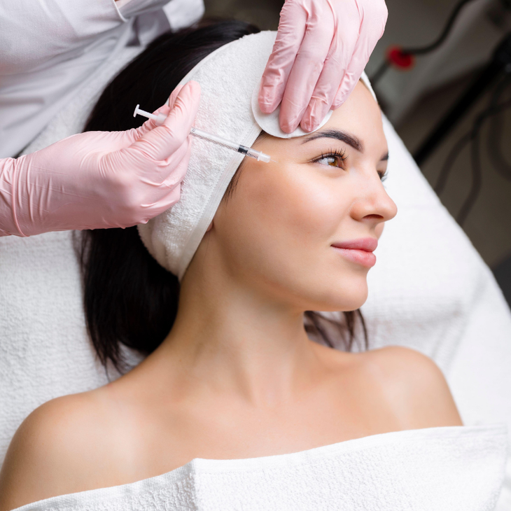 Cosmetic injection being administered to a woman’s forehead in a spa treatment room