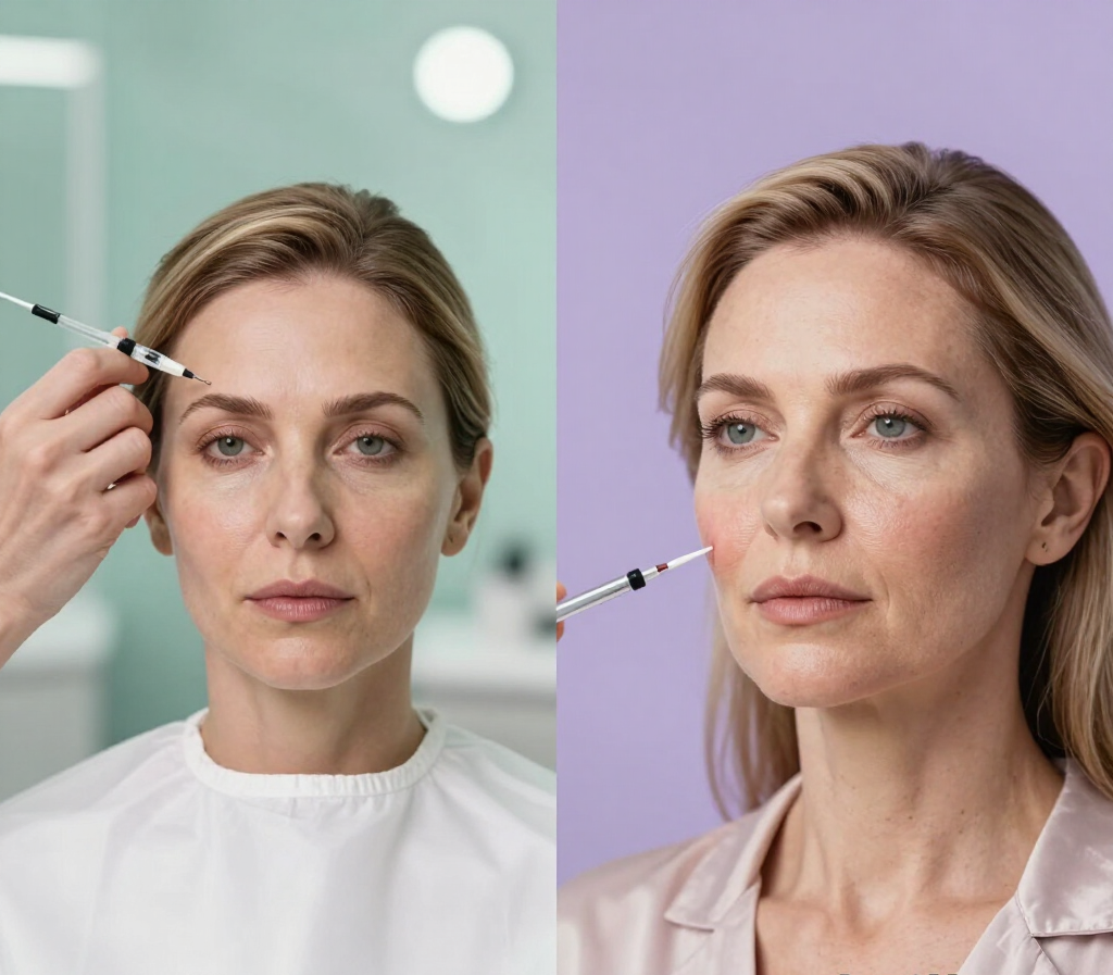 Side-by-side facial before-and-after with makeup brush applying product to a woman's face