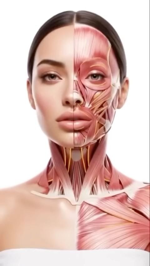 Split-face medical illustration showing a woman's face and neck with visible facial muscles and anatomy on one side