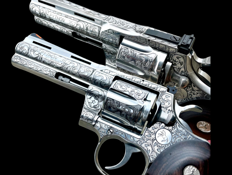 A stainless steel revolver with a black grip