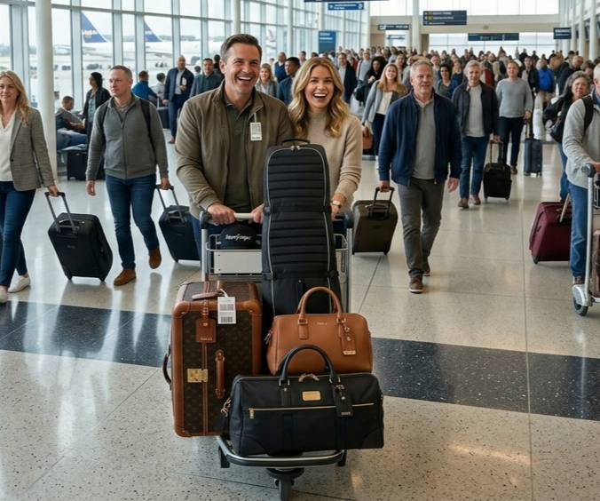 Travelers with luggage moving through a busy airport terminal, led by a smiling person pushing a cart.