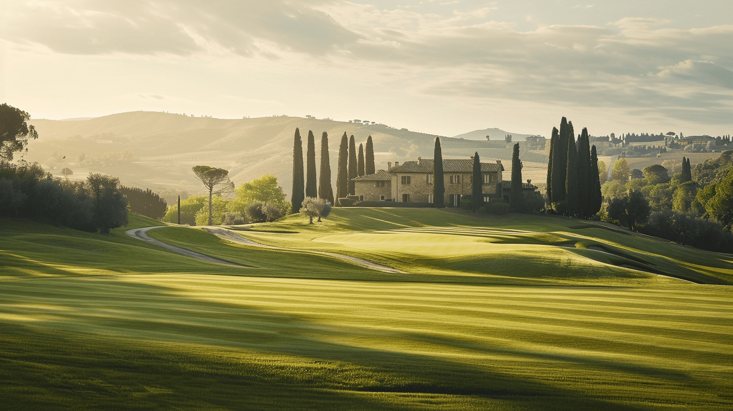 Sunlit golf course with striped green fairways, cypress trees, and distant hills under a hazy sky