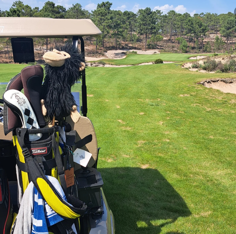 Golf clubs on golf cart at Dunas golf course in Portugal
