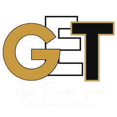 Gold and black GT golf logo with stylized letters and faint golf-themed background