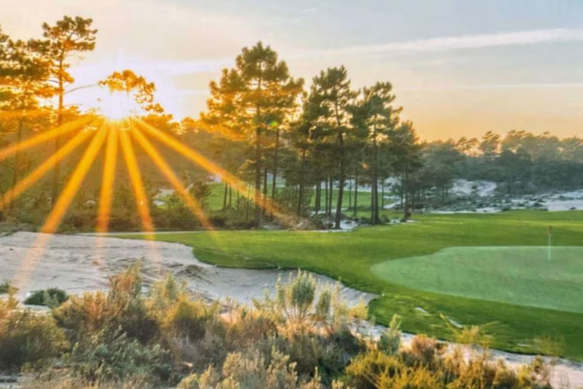 sun shining through trees at Dunas golf club terra de comporta on portugal golf tour
