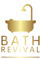 Gold bathtub and showerhead logo with the words &ldquo;BATH REVIVAL&rdquo; underneath