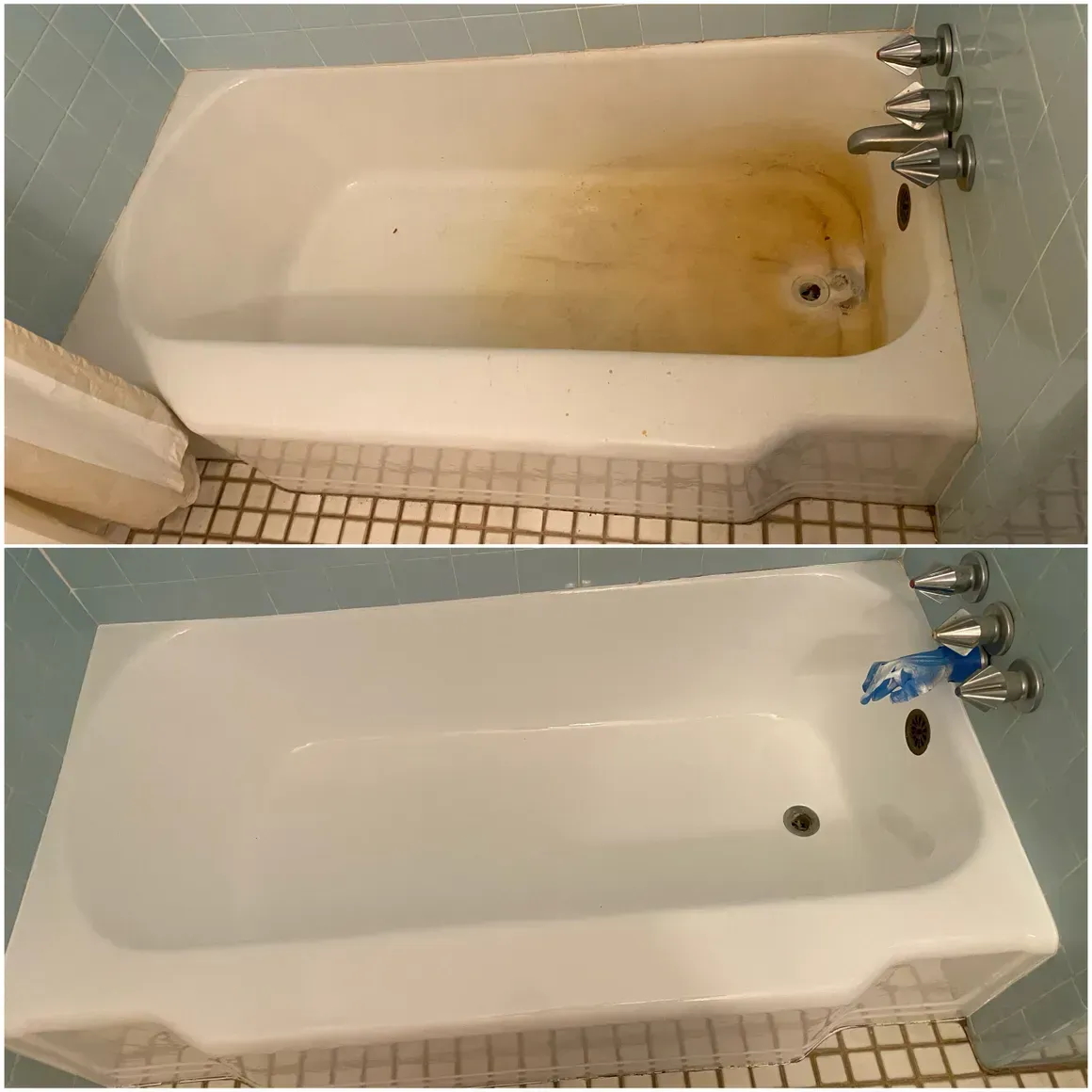 A before and after picture of a bathtub that has been cleaned