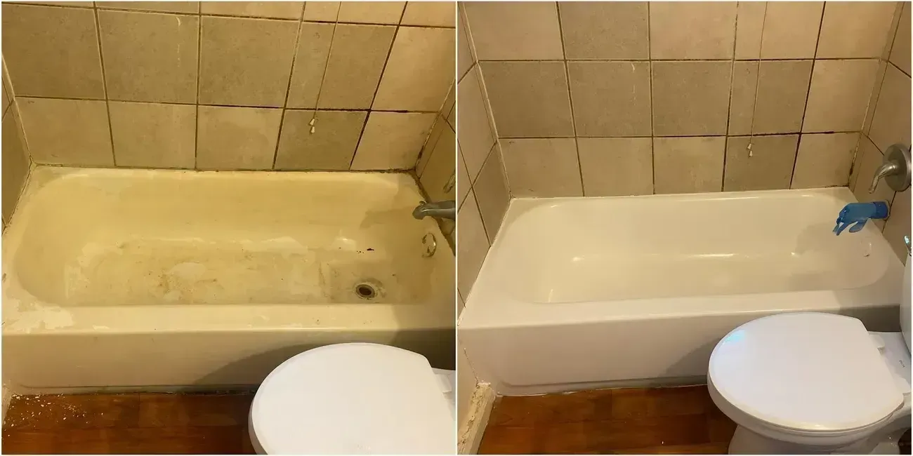 A before and after photo of a bathtub and toilet in a bathroom.