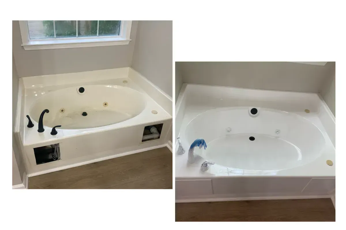 A before and after picture of a bathtub in a bathroom.