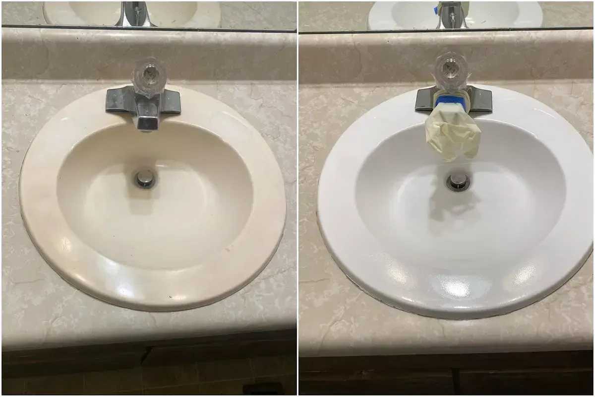 A before and after photo of a bathroom sink.