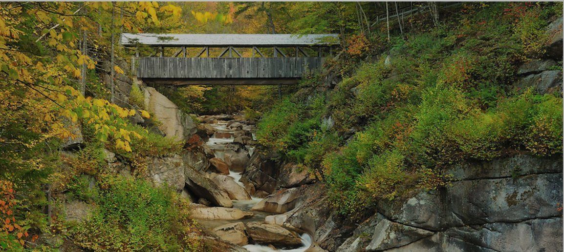 A bridge over a river surrounded by trees and rocks.