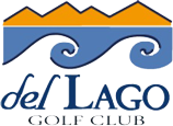 Logo for del Lago Golf Club, featuring stylized blue waves, an orange and brown mountain range, and the club's name in dark blue.