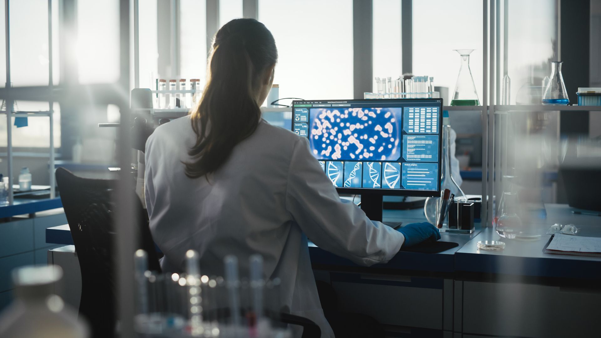 A Female is Sitting at a Desk in Front of a Computer in a Laboratory