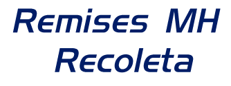 Logotipo de texto azul con la inscripción “Remises MH Recoleta” sobre un fondo blanco.