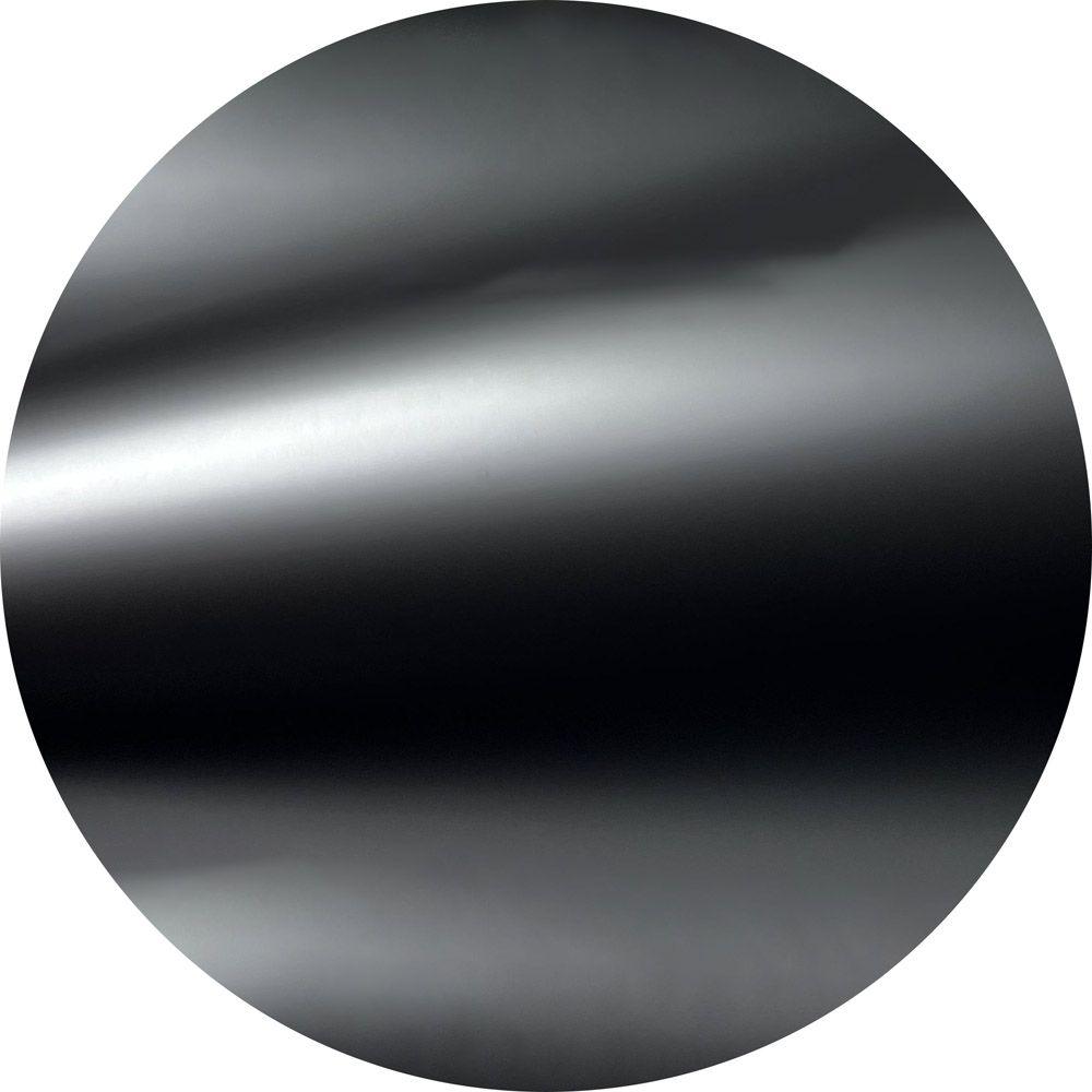 A black circle with a shiny metallic finish on a white background.