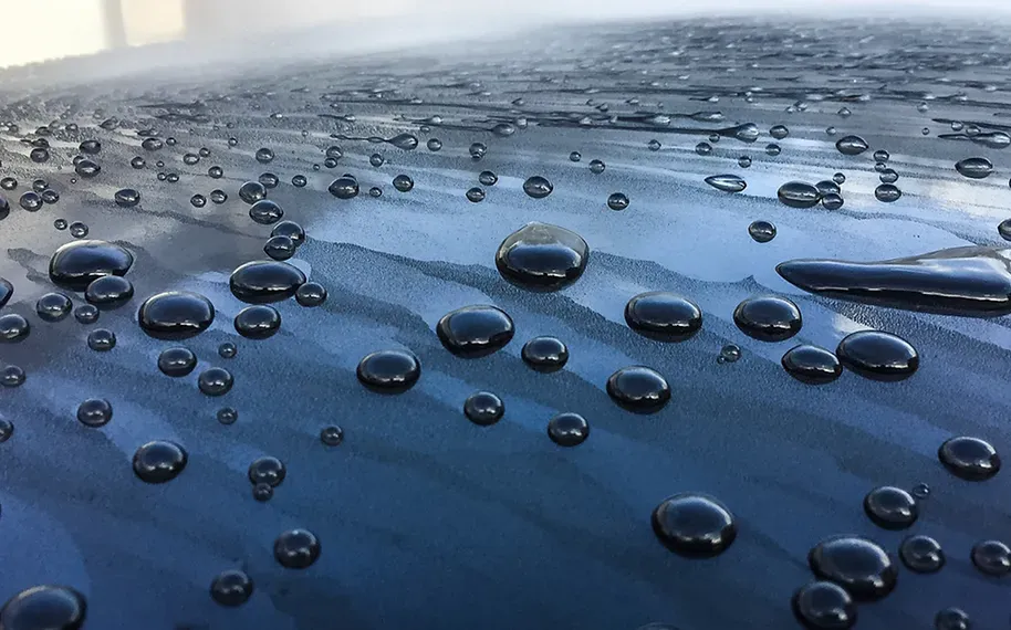 A close up of water drops on the roof of a car.
