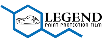 A logo for legend paint protection film with a car on it.