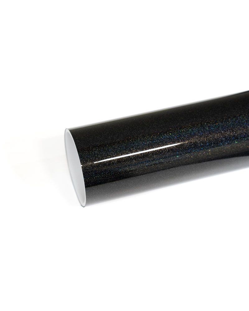 A roll of black glitter vinyl wrap on a white background.